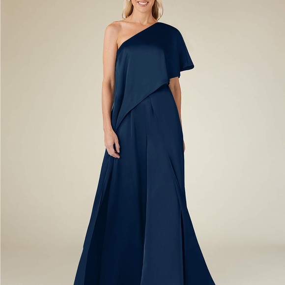Azazie Dresses & Skirts - AZAZIE HAGRETTA One Shoulder Dark Navy Jumpsuit/Pantsuit Stretch Satin Dress 10